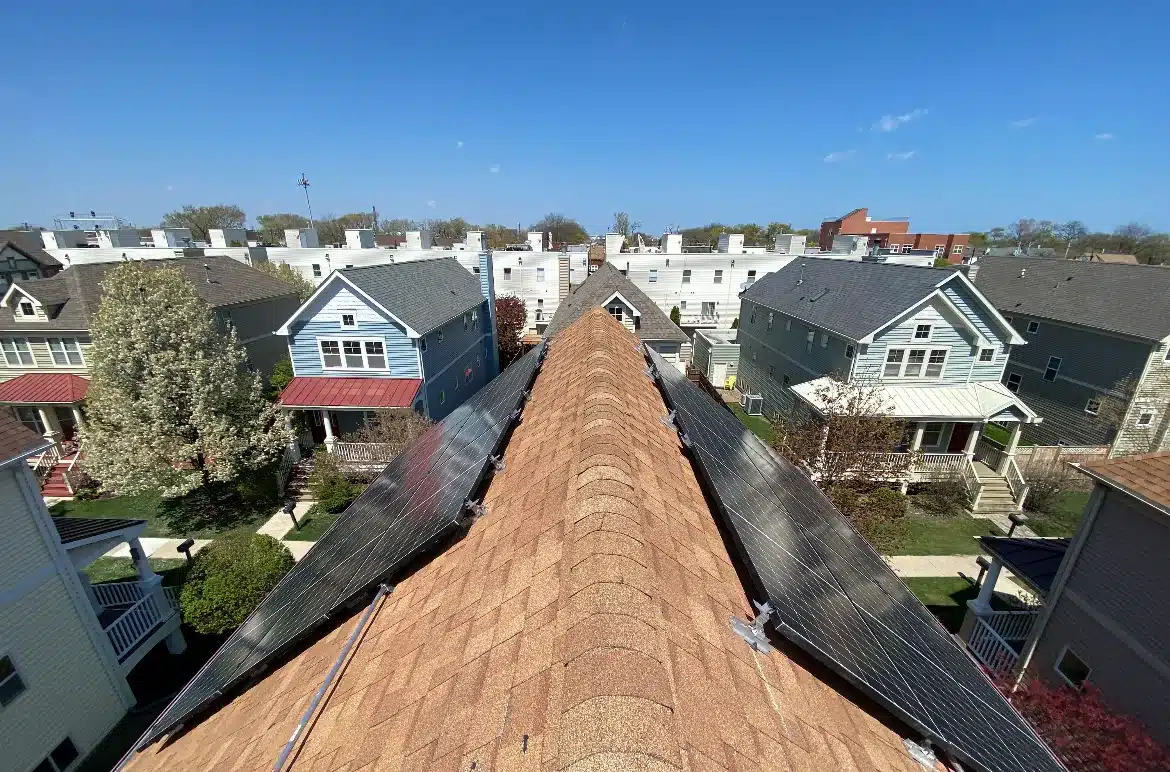 Large ground-mounted solar panel array generating renewable energy